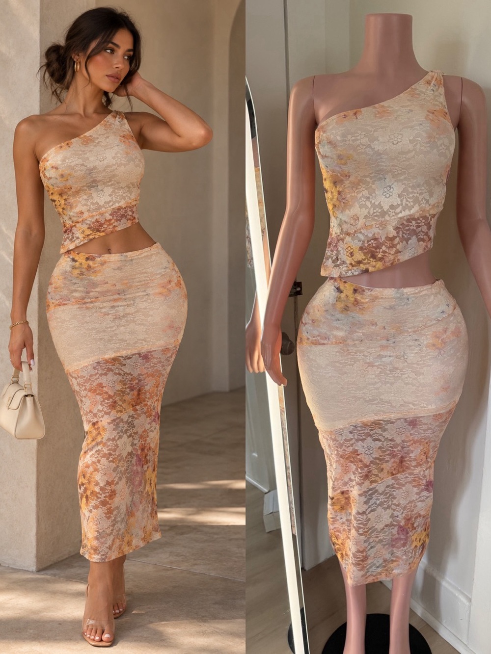 Floral Lace One-Shoulder Midi Skirt Set
